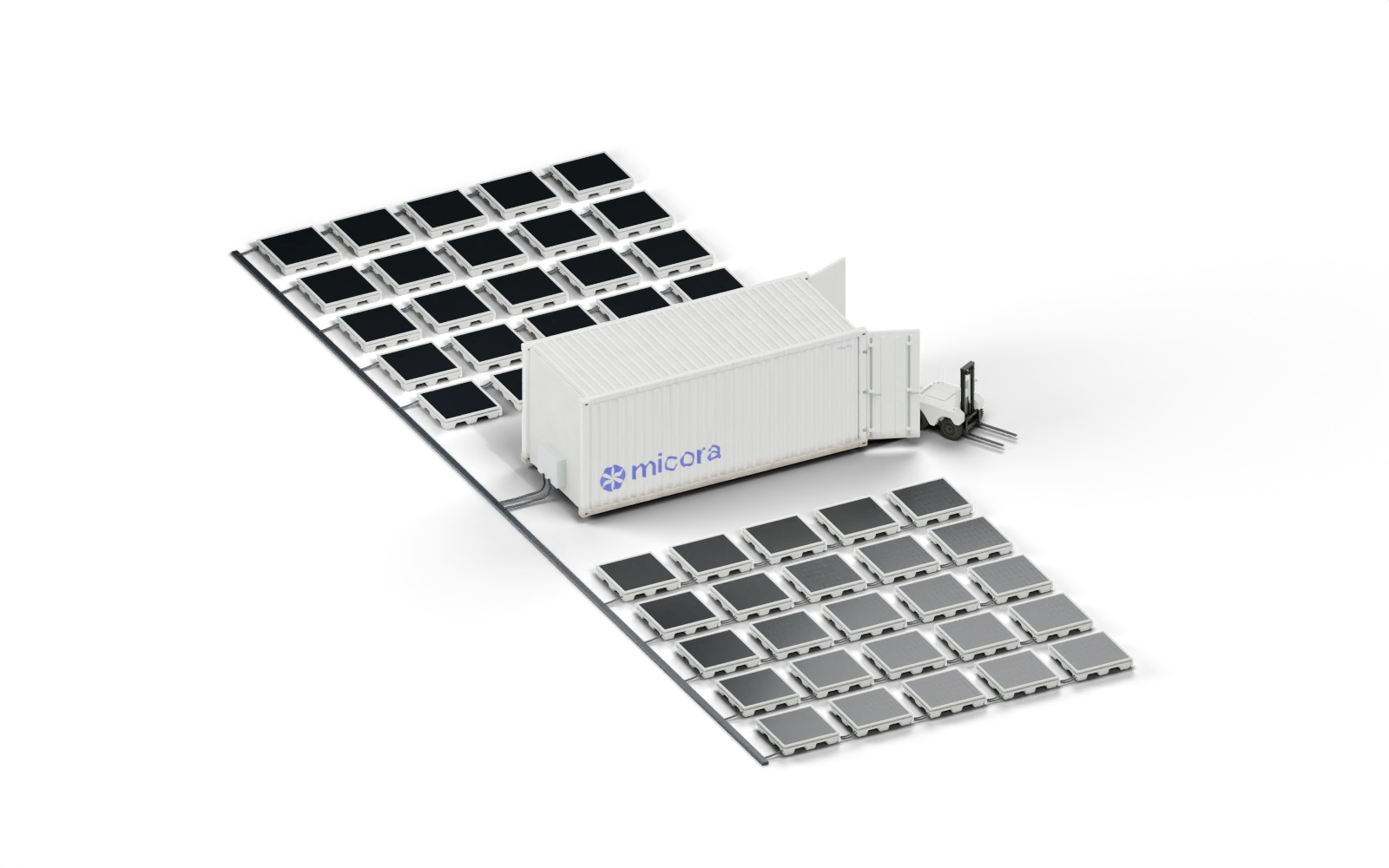 Micora Core between two neatly arranged solar arrays, with the deployment forklift beside the container